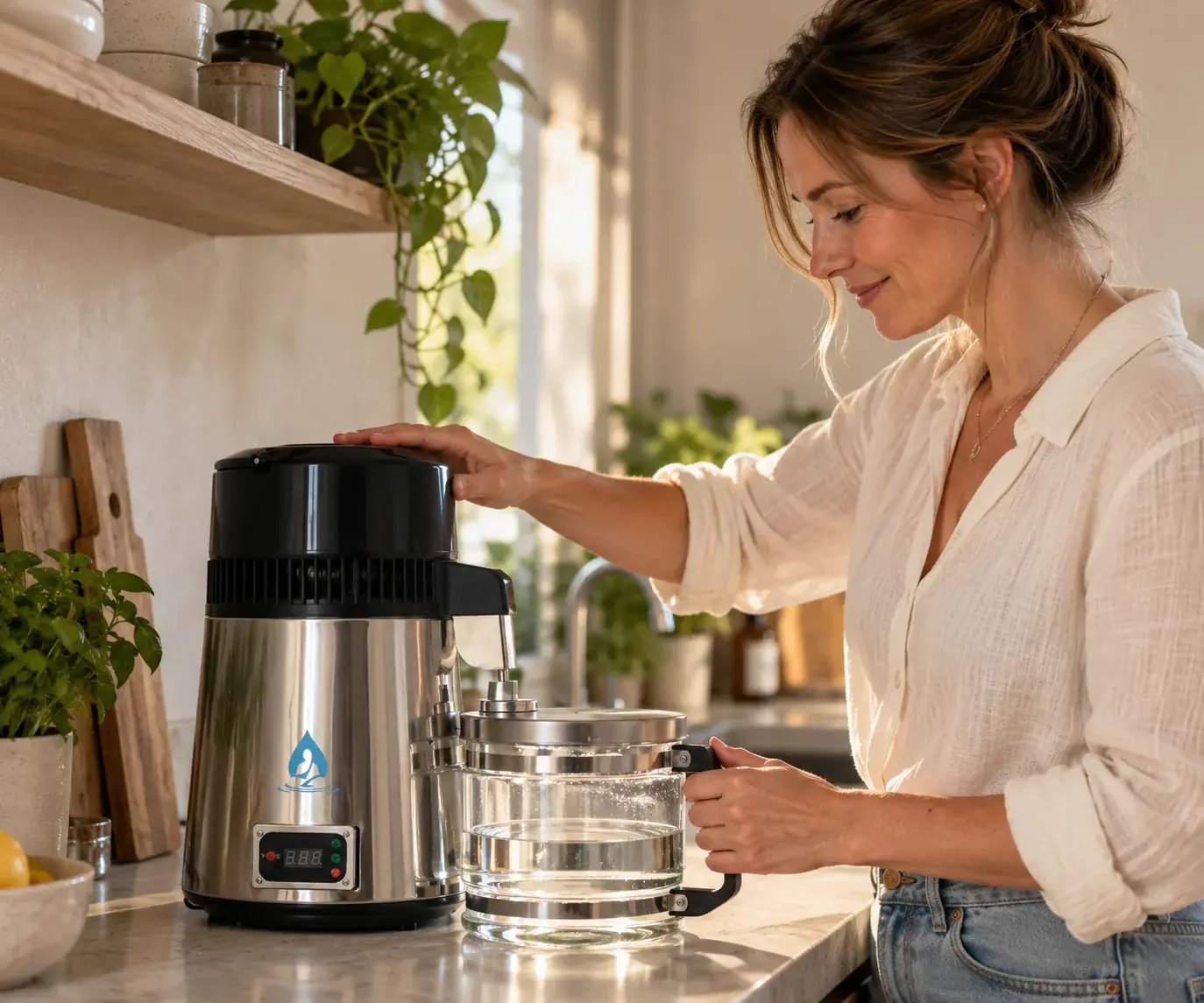 Frau füllt die Glaskanne des Elixer Water Deluxe Destilliergeräts in ihrer Küche